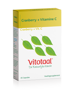 Vitotaal Cranberry + Vitamine C bevat cranberry extract waaraan Acerol-kers is toegevoegd. Acerola is een vrucht met een hoog gehalte aan vitamine C.